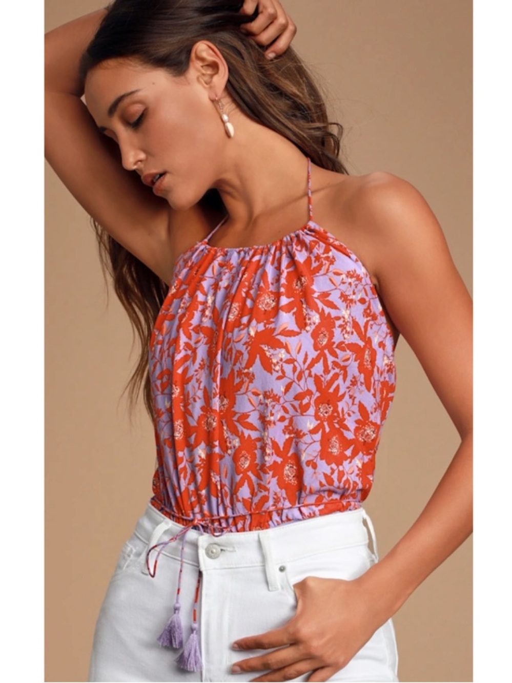 Free People Liza Floral Sleeveless Halter Woven Bodysuit Boho Purple Small